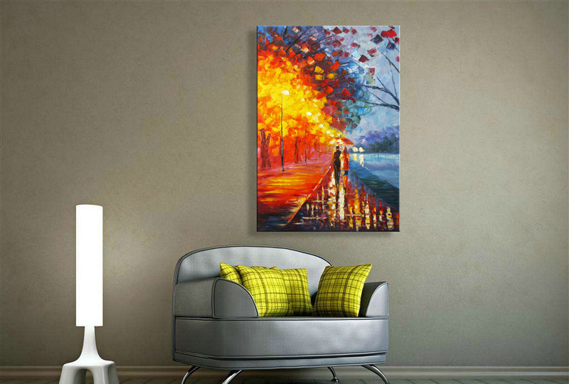 Romantic Painting "lovers walk on the side of the lake" Palette Knife painting - Click Image to Close
